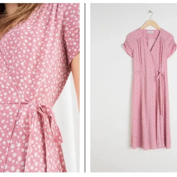 & Other Stories Pink Floral V Neck Wrap Midi Dress Ruched Puffed Sleeves SZ 6 - Picture 2 of 14